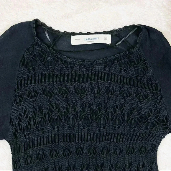 Zara Knit Black High Low 3/4 Sleeve Crochet Blouse Size M - Picture 2 of 11